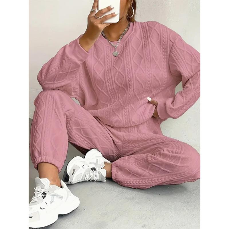 Women's Crew Neck Cable Knit Textured Long Sleeve Sweatshirt & Jogger Pants 2 Piece Loungewear Tracksuit Set