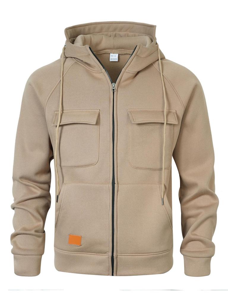 Men's Multi-Pocket Zip-Up Hooded Cardigan: European/American Style, Loose Fit, Stand Collar, Perfect for Spring, Autumn, Winter.