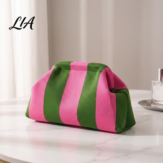 Portable Small Organizer for Purse Snap Shut Makeup Bag, Striped Knitted Clutch Pouch, Stylish Toiletry Bag Wide Open Cosmetic Pouch Brushes