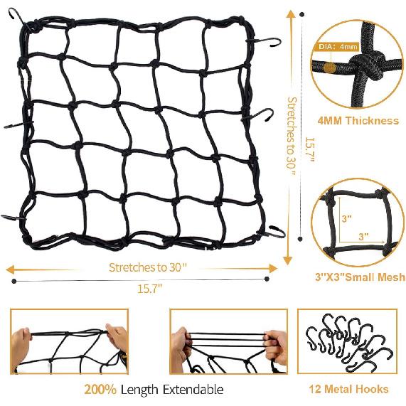2 Pack Of 15.7"X15.7" Bungee Cargo Net Stretches To 30"X30" Elastic Motorcycle Luggage Bungee Netting With 12 Metal Hooks Stretchable Bungee Cord