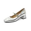Silver sheepskin square head thick heel single shoes women's medium heel soft leather one-word buckle Mary Jane shoes spring and autumn