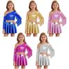 Girls Jazz Dance Costume Metallic Shiny One Shoulder Crop Top Long Sleeve Tassels Pleated A-Line Skirt