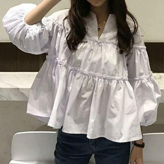 2023 Spring/Autumn Korean Style Sweet Loose Babydoll Puff Sleeve Shirt for Women