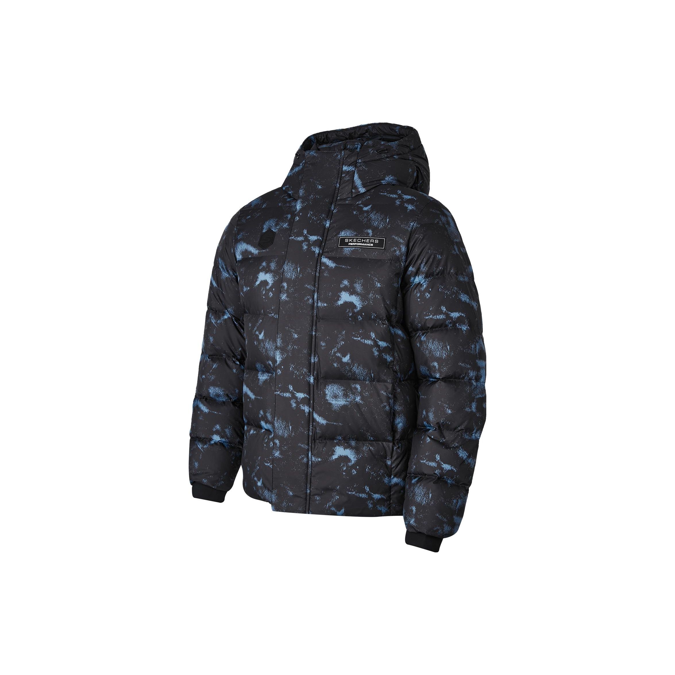 Skechers Sport Series All-Over Print Zippered Hooded Long Sleeve Warm Puffer Jacket Men outerwear Black Blue P423M028-037H XXL