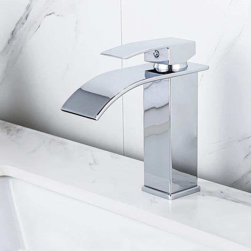 Black Waterfall Bathroom Basin Faucet Waterfall Spout Vanity Sink Mixer Tap Brush Gold Sink Faucet Tall short Style Chrome Gray