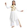 Kids Girls Church Dance Performance Set: Mock Neck Long Sleeve Metallic Patchwork Dress with Asymmetrical Hem & Matching Wide-Leg Pants