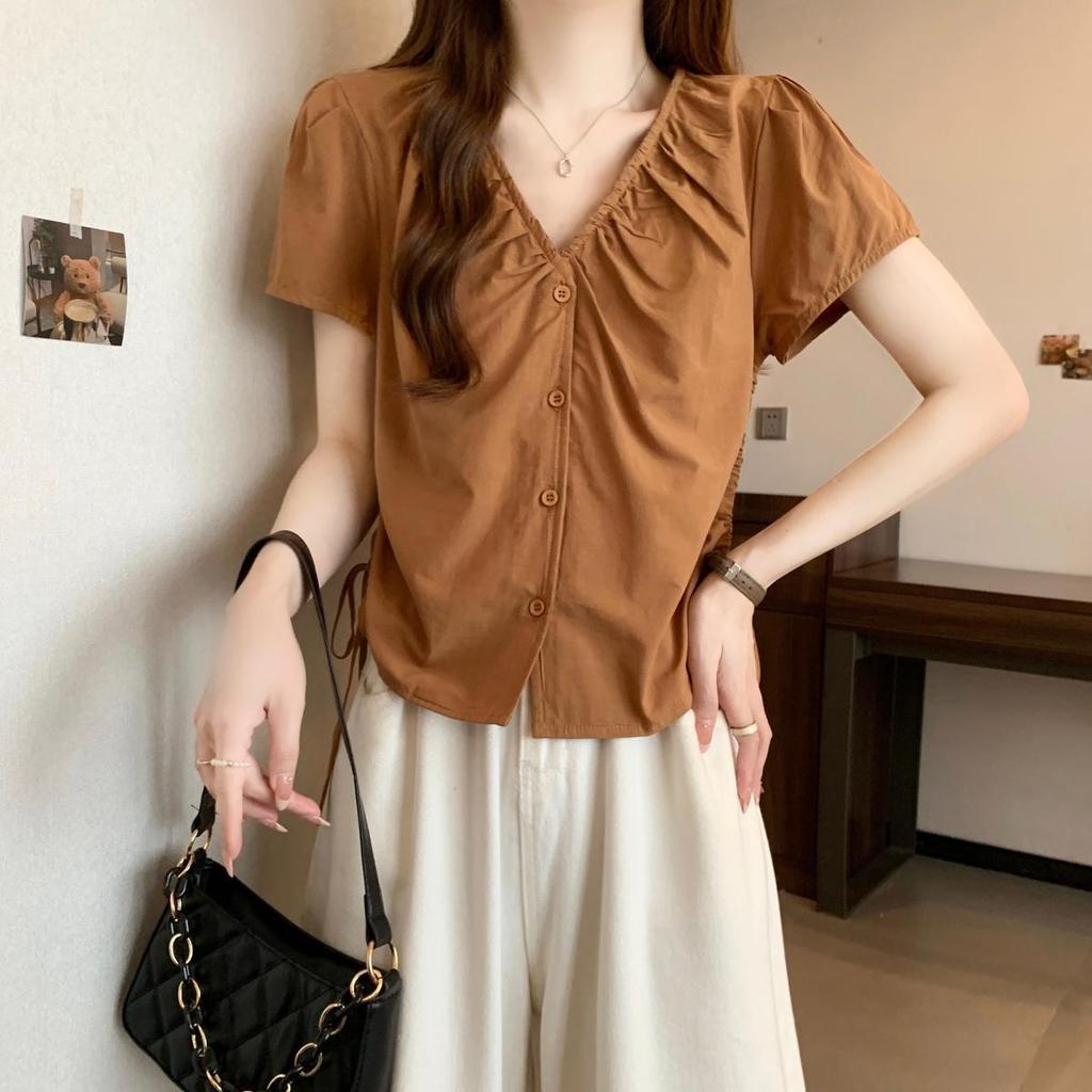 Plus Size V-Neck Drawstring Pleated Short Sleeve Summer Top for Women - Waist-Cinched Tummy-Covering Design