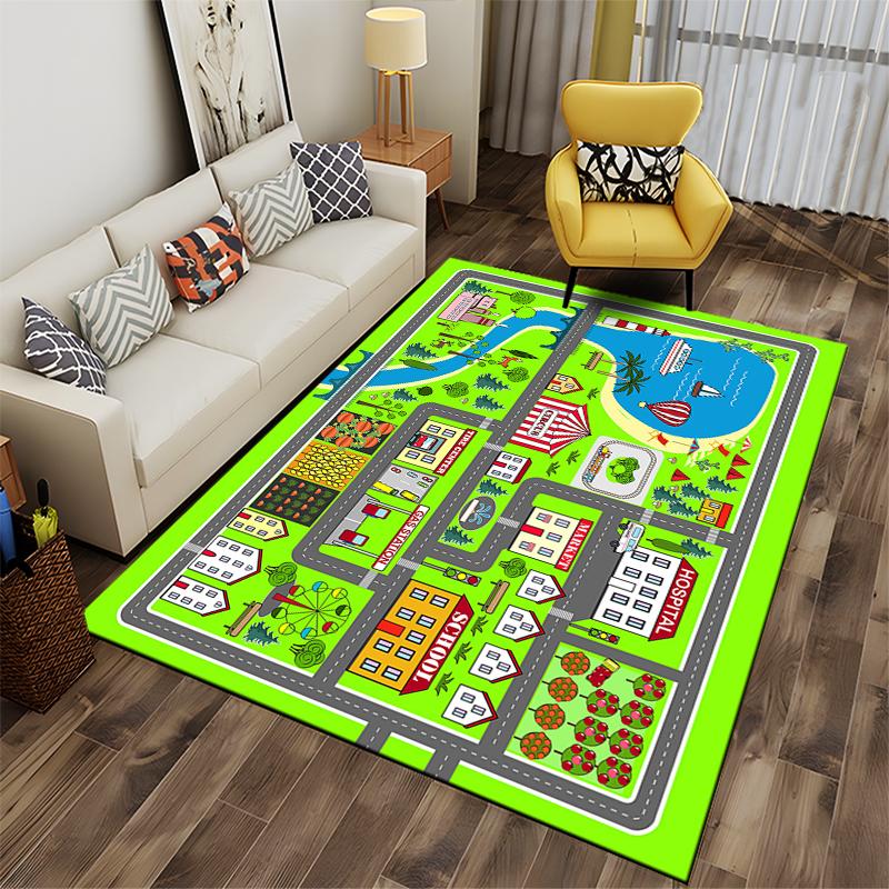Colorful Town Map with Circus and School Non-slip Rug Suitable for Living Room and Bedroom Sofas.
