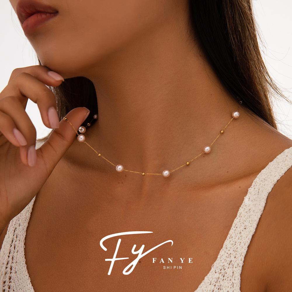 Light Pink Pearl Stainless Steel Necklace – European & American Style Women's Luxury Korean-Inspired High-End Jewelry