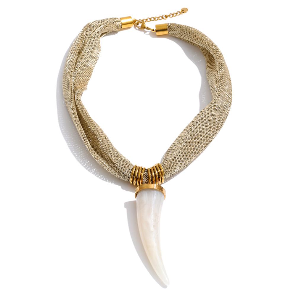 

Yhpup New Arrival Polyester Cloth Chain Resin Horn Pendant Necklace Stylish Unique Popular Stainless Steel Distinctive Jewelry