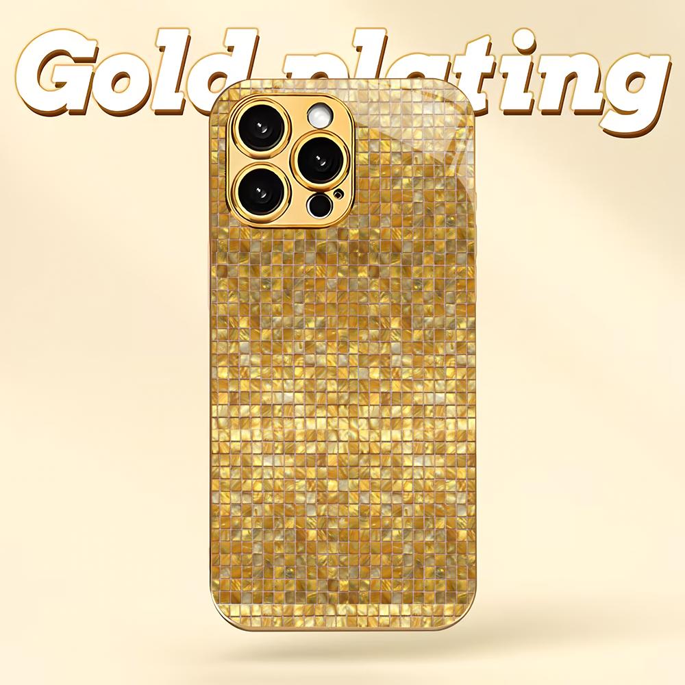 Golden Mosaic Electroplated Glass Phone Case Suitable for iPhone 17 16 15 14 13 12 11 Pro/Max/Plus Shockproof Back Cover