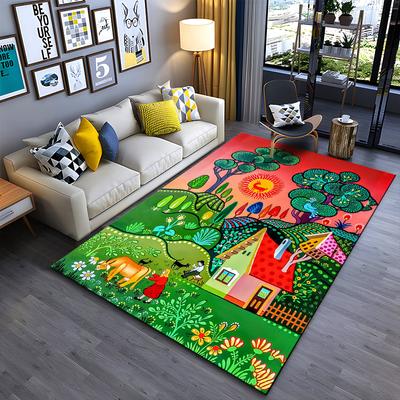 Bunter Zeichentrick-Dorfteppich mit Bäumen, Haus, Tieren und Sonne. Geeignet für den Einsatz als Anti-Rutsch-Schutz für Sofas im Wohnzimmer und Schlafzimmer