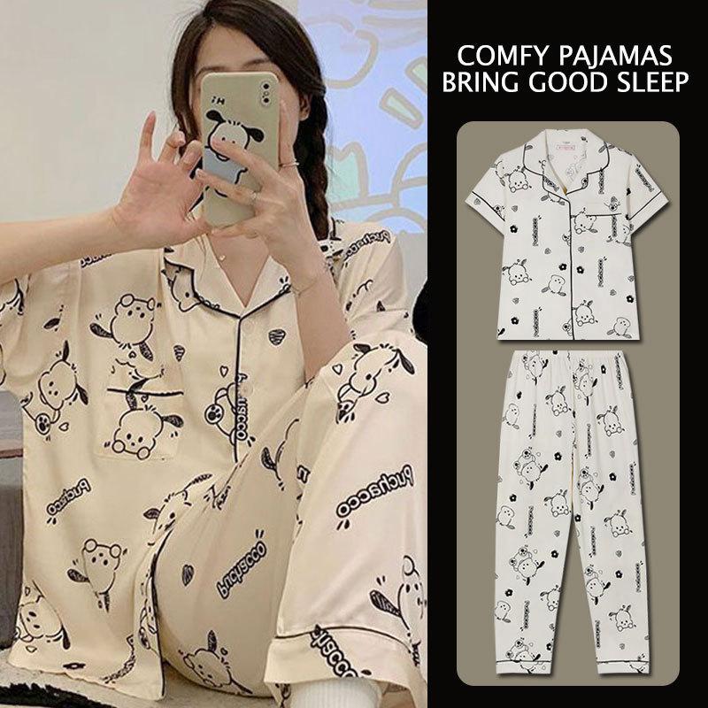 Japanese Kitty Cat Pajamas Women's Summer Thin Short-sleeved Trousers Loose Plus Size Girl Raw Loungewear Set