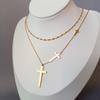 Simple Trendy Smooth Surface Metal Stainless Steel Cross Pendant Double Layer Necklace for Women Collar Chain Jewelry Accessory