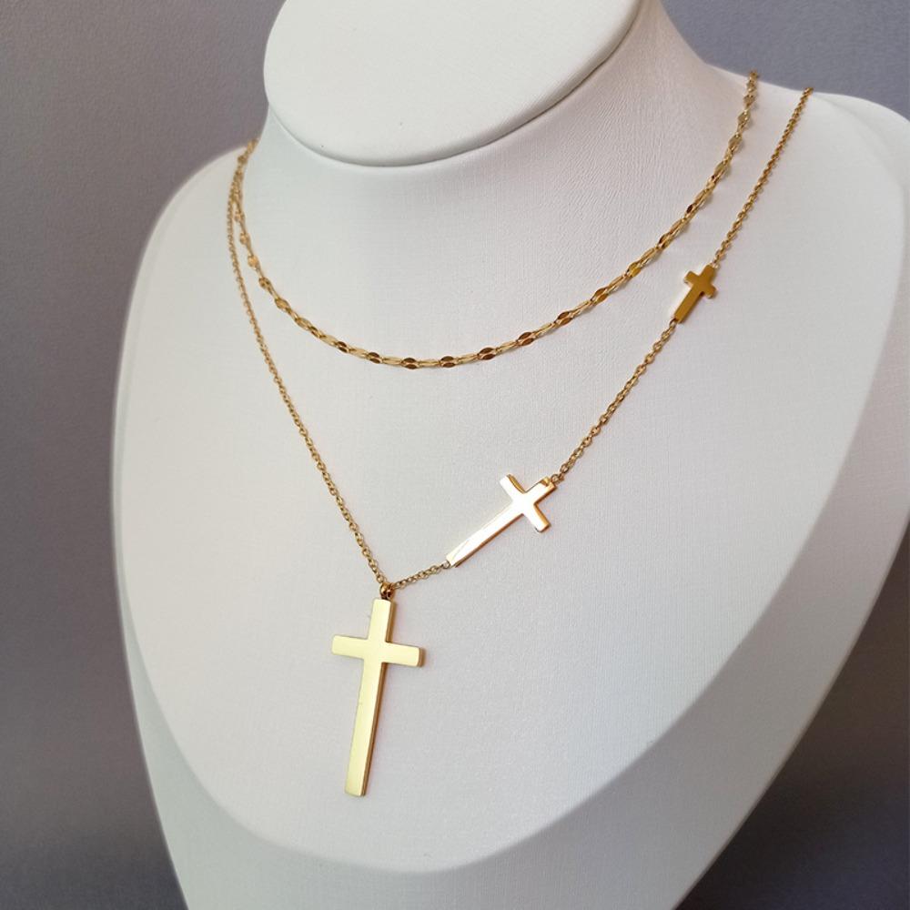 Simple Trendy Smooth Surface Metal Stainless Steel Cross Pendant Double Layer Necklace for Women Collar Chain Jewelry Accessory