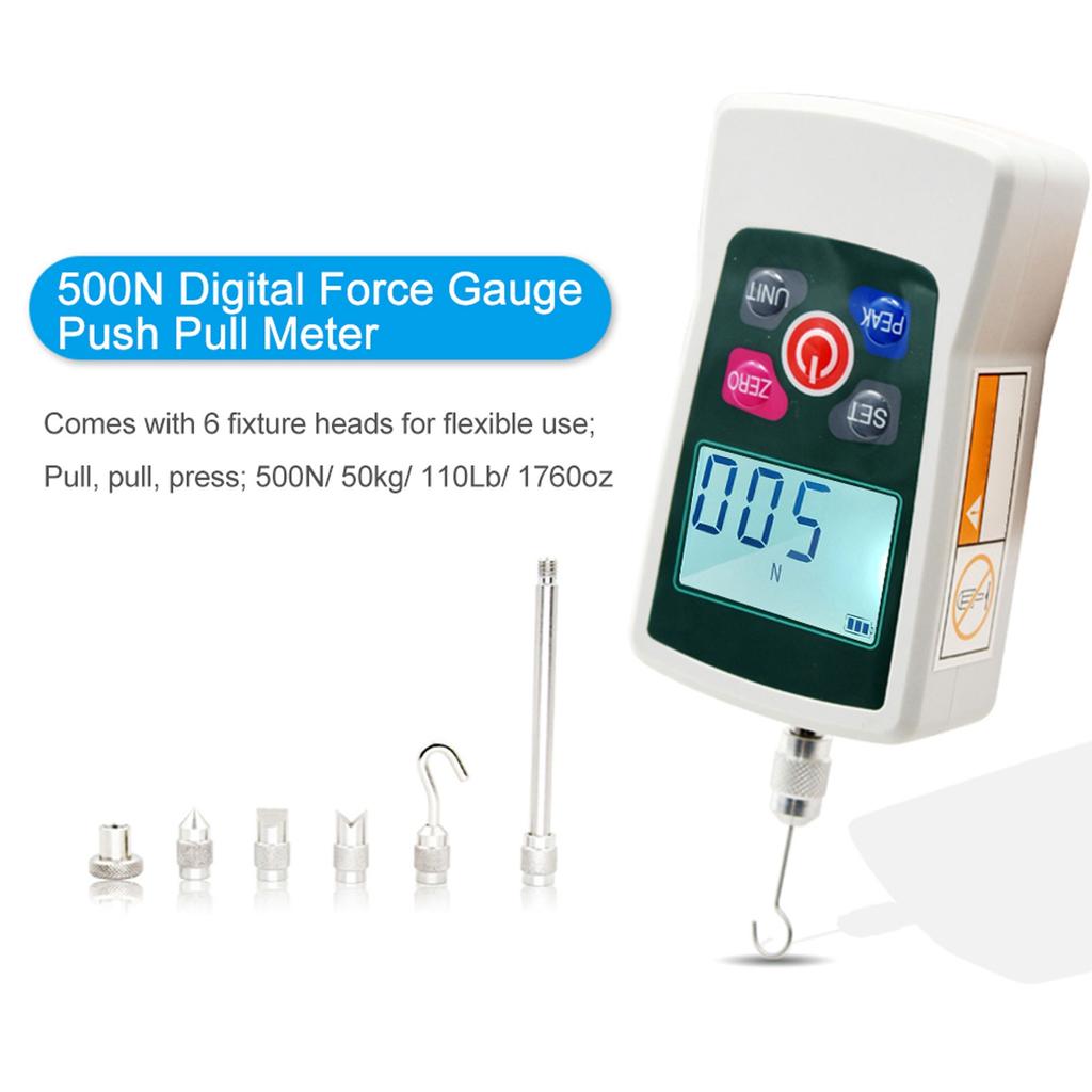Digitaler Kraftmesser Push-Pull-Messgerät 500N Tragbar Handheld mit Einheitenumschaltung Hintergrundbeleuchtetes Display Automatische Abschaltung Grau Grün
