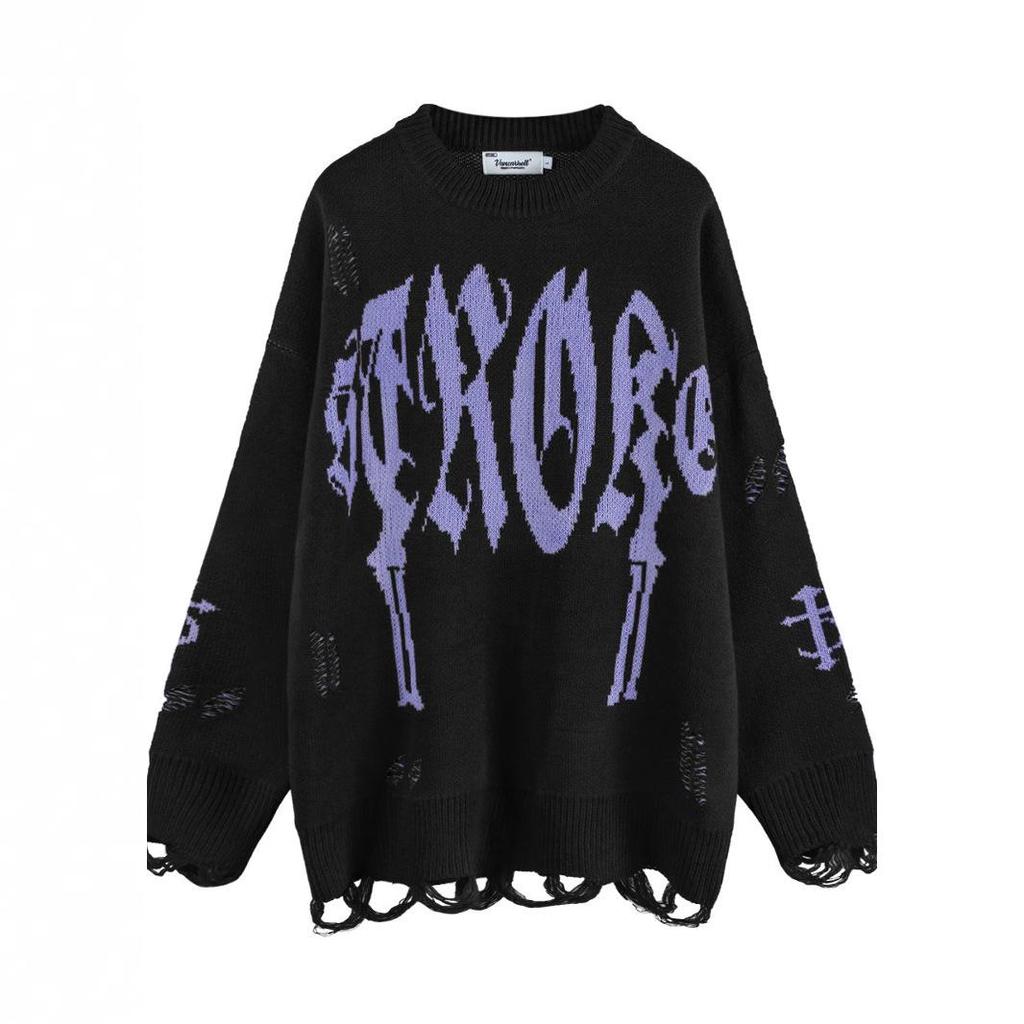 Pulover Gothic Rupt Toamnă/Iarnă 2024: Tricotaje Retro Trendy cu Croială Largă pentru Bărbați & Femei Cupluri