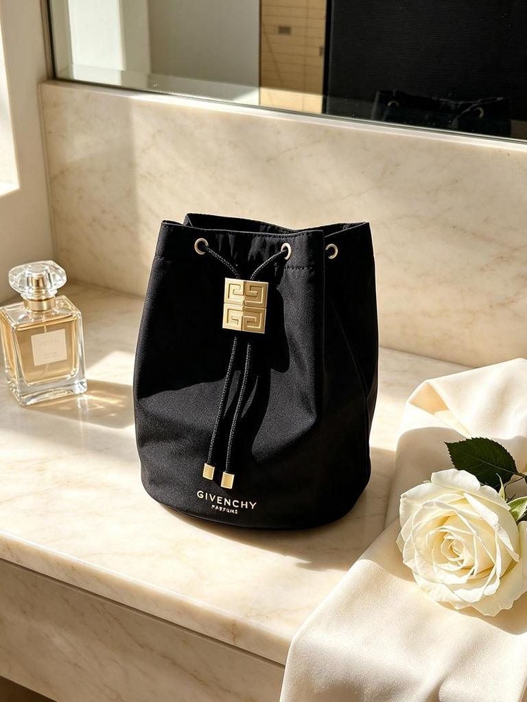 Givenchy Black Drawstring Cosmetic Bag, Portable Bucket‑Shaped Makeup Pouch, Travel Storage Toiletry Bag for Women Daily Use