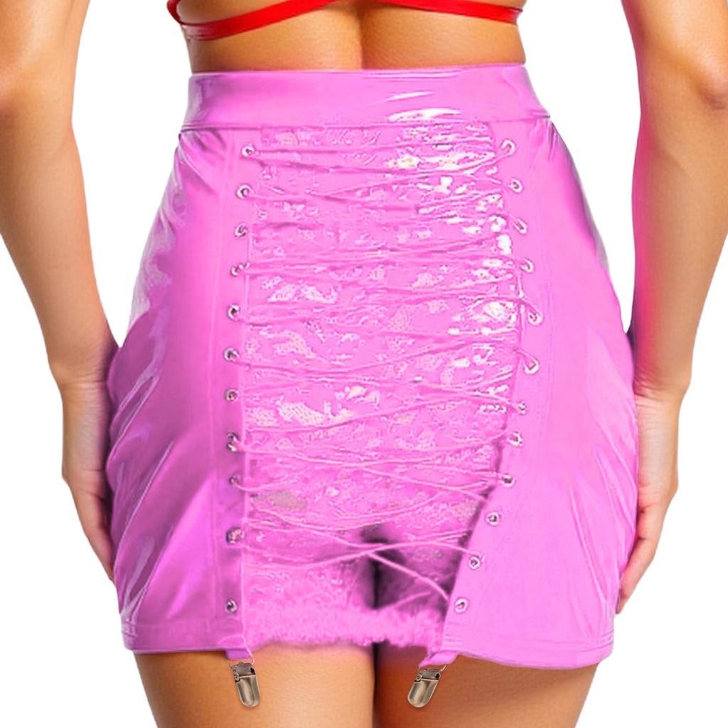 Womens Bodycon PU Skirt Floral Lace Patchwork Lace Up Clubwear Mini Skirt