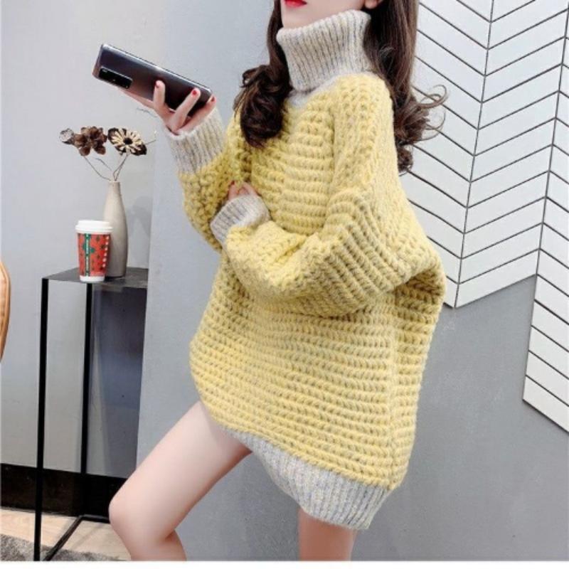 Pulover cu gât înalt pentru femei toamnă și iarnă largi purtând pulover occidentalizat coreean de lungime medie, top feminin