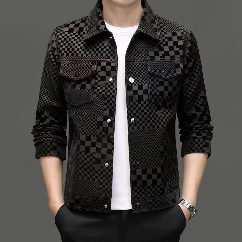 Men's trendy men's jacket spring and autumn lapel fashion leather jacket men's casual jacket plaid trendy top Korea