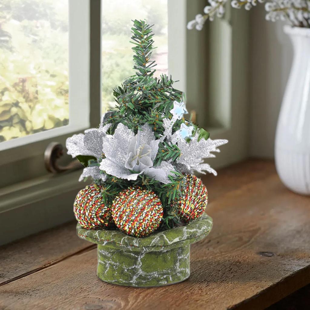 Desk Christmas Tree 8.66in Holiday Ornaments With Ball And Flower Artificial Christmas Tree For Home Workplace Coffee Shop