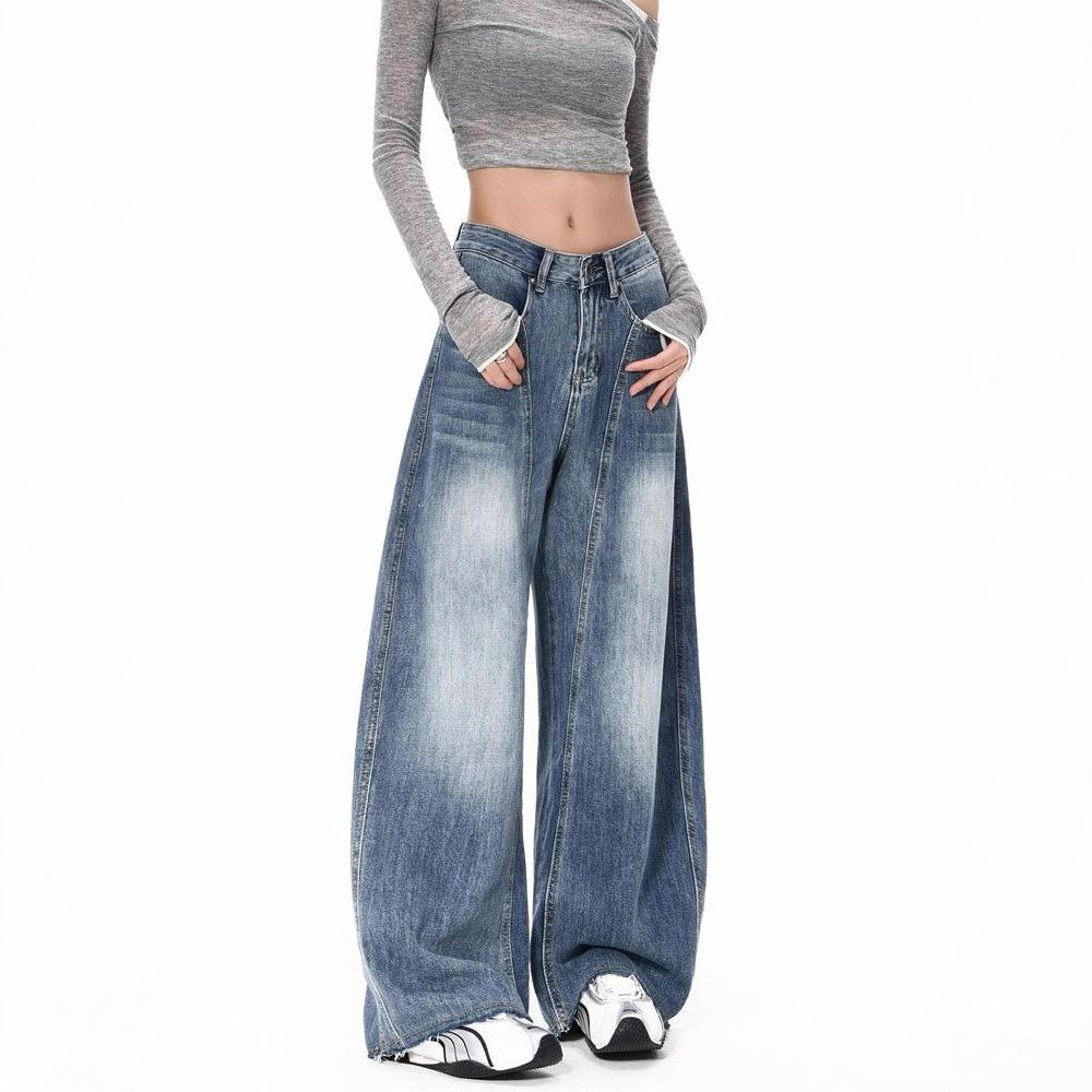 American wide-leg jeans women's autumn and summer new Spice Girl sickle rough edge large size high waist drape loose scimitar pants