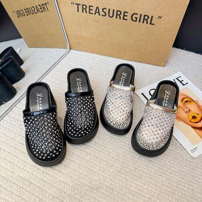 Talons hauts de célébrité Internet entièrement diamantés, pantoufles cool de mode, femmes 2025 été nouvelle collection, décontractées à semelle épaisse compensée, pantoufles à une bride