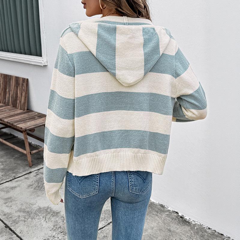 New model Korean-style relaxed-fit hooded striped sweater with zipper opening for women