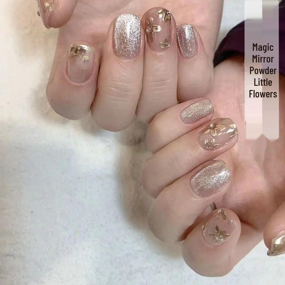 Magic Mirror Powder & Geometric Nail Stickers - 3D Waterproof Japanese Style with Gold Foil Rose Decorations