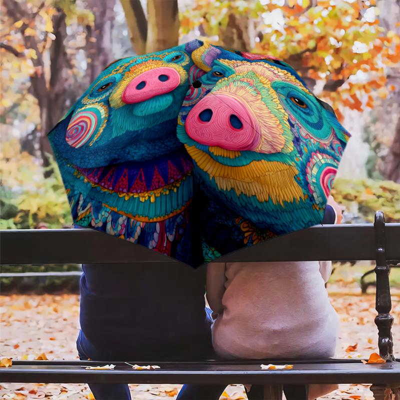 Motivo a maialino, ombrello pieghevole automatico, design portatile e pieghevole, 8 stecche, un regalo di Natale o di compleanno.
