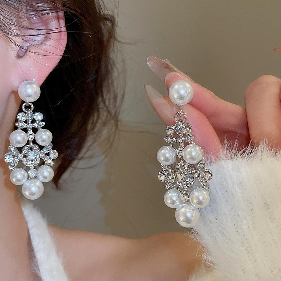 Elegant Rhinestone Faux Pearl Geometric Earrings & Necklace Set
