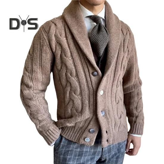 Мужской свитер кардиган с лацканами, длинный рукав, застежка на пуговицы, однотонное трикотажное пальто свободного кроя, повседневная верхняя одежда M хаки