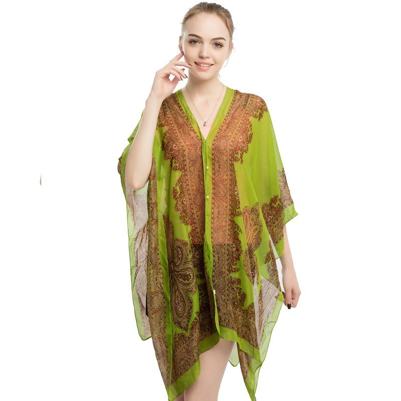 Shawls Summer Beach Sexy Women Fashion Print Chiffon Smock Bikini Cover Up Loose Blouse Sunscreen Comfortable Poncho Hot