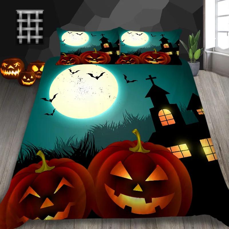Halloween Pumpkin King Queen Duvet Cover Cartoon Black Cat Bedding Set Kids Girls Orange Pumpkin Lantern Polyester Quilt Cover