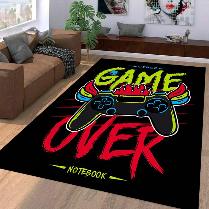 Gaming Pattern Carpet with "Game Over" Controller Design, Black Style Suitable for use as an anti-slip for living room bedroom sofas