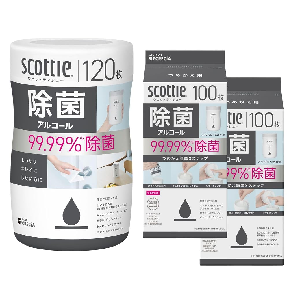 Japanese Product Scottie Alcohol Cleansing Wet Wipes 120 Sheets + 2 Refills 100 Sheets Each