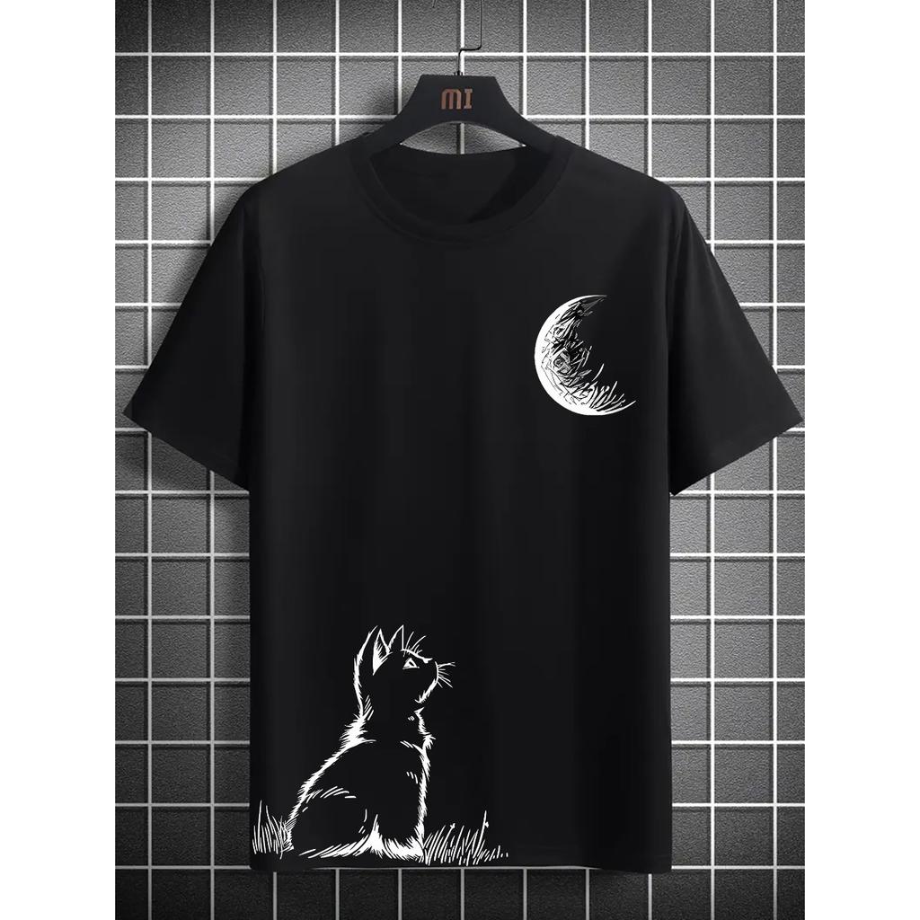 Men's Summer Cat Moon-Gazing Pattern Print Fashion Casual Sports Loose Fit Crew Neck Short Sleeve