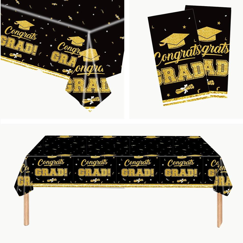 2025 Graduation Party Decorations - Black and Gold Tablecloth Plastic Disposable Table Cloth for Class of 2025 Party Favors Supplies, 2 Pack