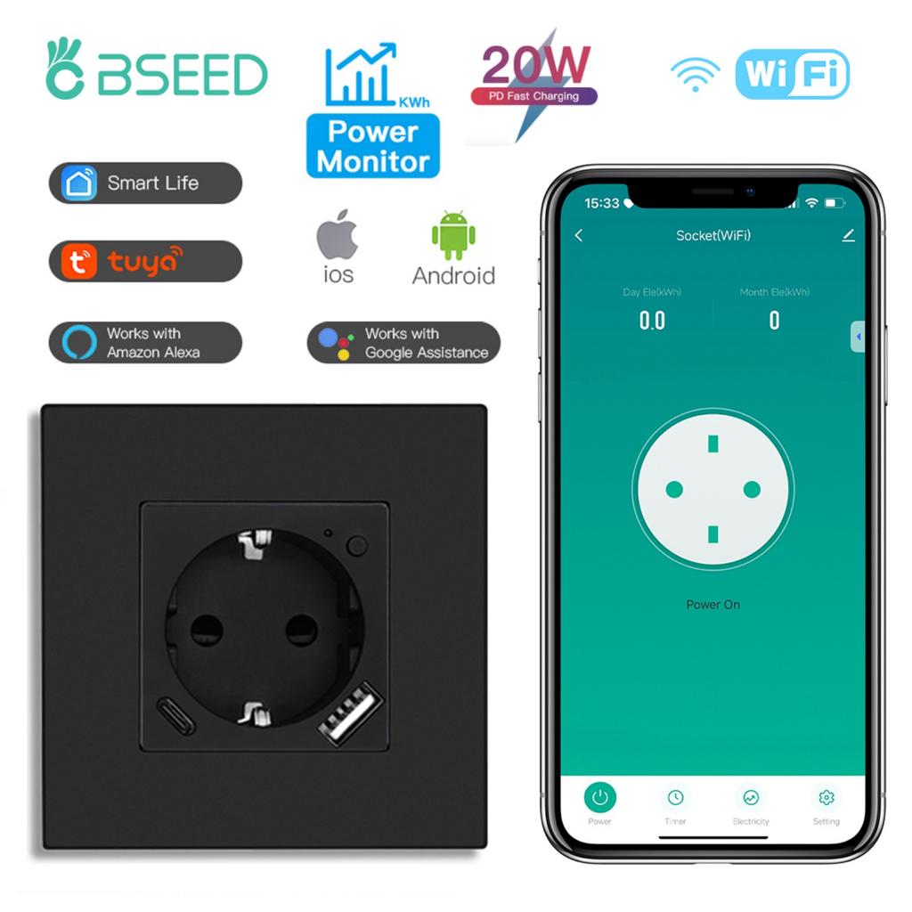 BSEED Wifi EU Socket With Normal Type-c USB Fast Charging Ports Smart Sockets Support Tuya Smart Life Alexa App Plastic Frames