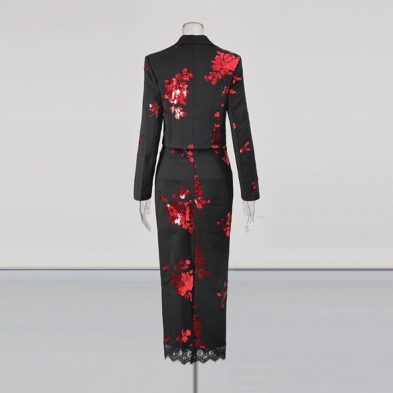 Completo Moda di Alta Gamma Giacca con Revers Ricamata + Gonna a Vita Alta con Inserti in Pizzo Set Due Pezzi