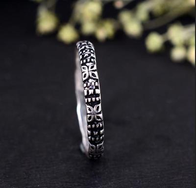 Dainty Oxidized Silver Stacking Ring | Geometric Patterned Thin Band | Handmade Boho Everyday Ring | Minimalist Floral Wedding Band