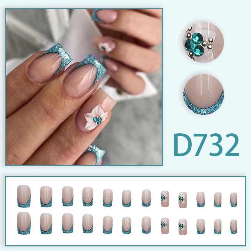 Lake Blue Detachable Wearable Nails with French Floral Design