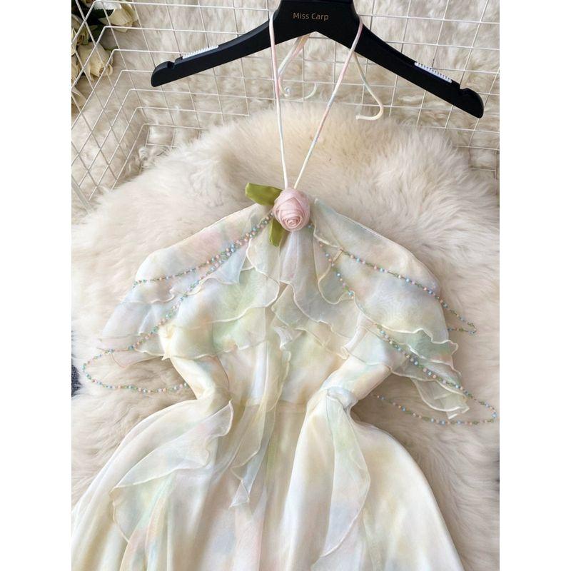 Retro Atmosphere Mesh Fairy Dress Halter Spaghetti Straps