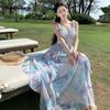 Summer Women Fairy Beach Midi Dress Suspenders Print Romantic Ruffles Holiday Dress Feminine Sweet Chic Sleeveless Dress
