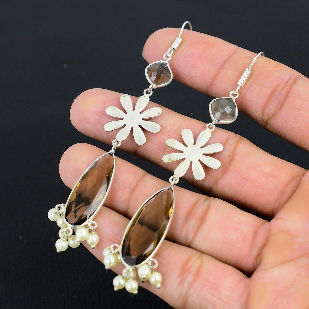 Smokey Quartz Gemstone 925 Sterling Silver Artisan Birthday Drop Dangle Earrings