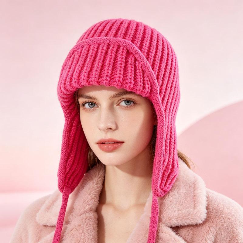 Neue Damen Herbst Winter Ohrklappen Strickwollmütze, Kordelzug Thermisch Warm Flieger Skimütze, Mode Vielseitig Outdoor Trooper Mütze