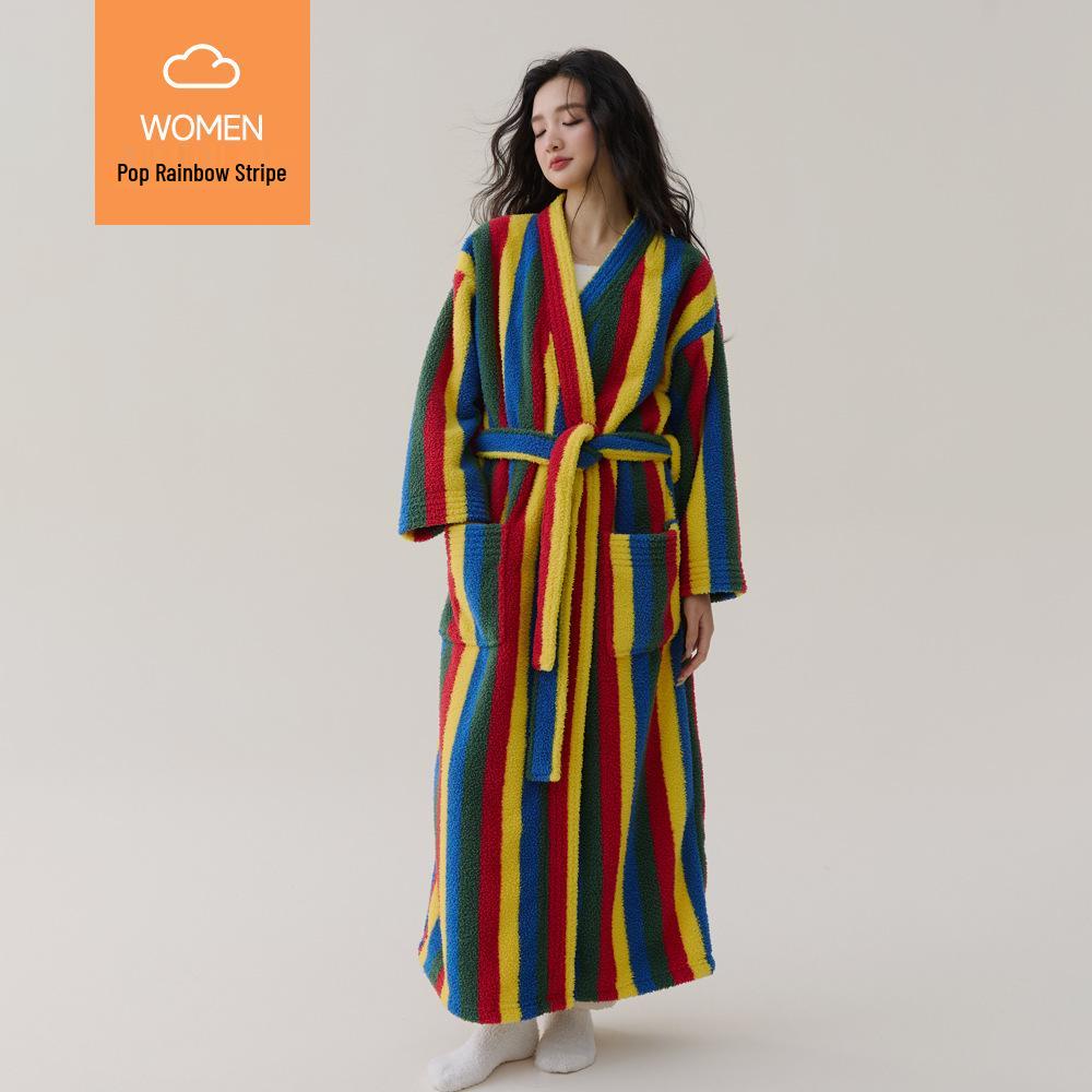 Женский толстый коралловый флисовый клетчатый зимний халат - Очень длинный, теплый, антистатический пижамный комплект Medium