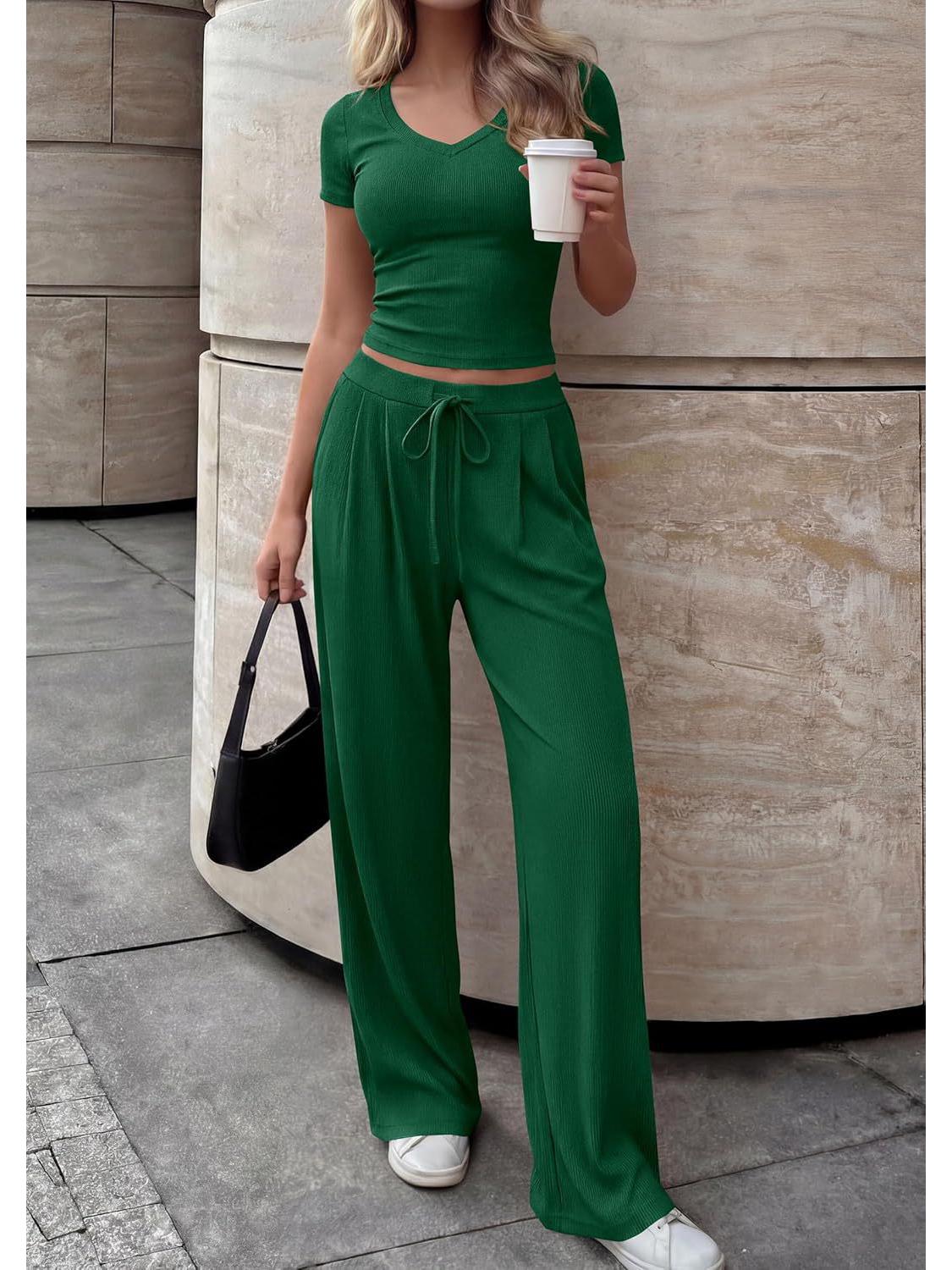 

Women s Solid Color V-neck Top & Wide-leg Pants Fashion Suit - 2026 Collection Double Extra Large зелений