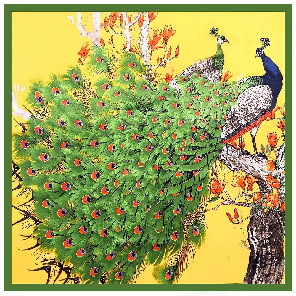 Spring Chinese Style Peacock 90*90cm Lmitation Silk Large Square Scarf Women's Accessories Head Scarf Beach Shawl Scarf